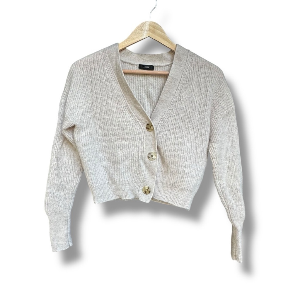 J Crew Alpaca Wool Ribbed Cropped V Neck Cardigan Sweater Blend Stone Beige XS - Picture 2 of 8